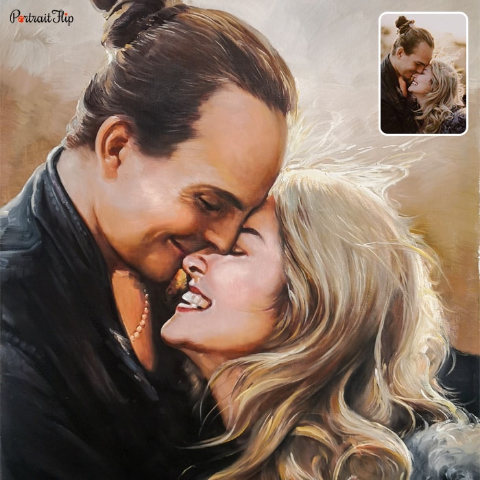 Acrylic painting of a couple where man’s face is leaning on woman’s face while hugging each other
